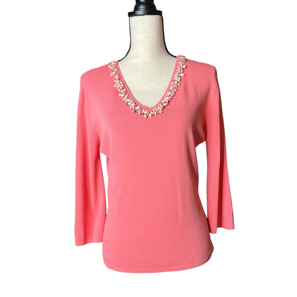 Joseph A Sweater in Orange with Tiny Shell Embellishments at Neckline Size Large - Picture 1 of 5